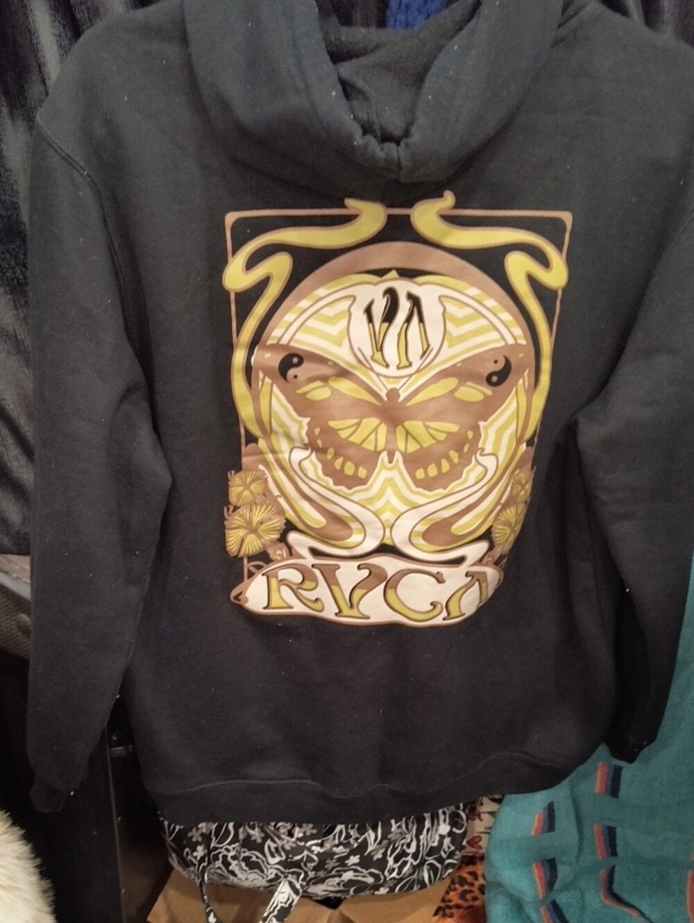 RVCA Black Hoodie with Gold Logo And Butterfly Graphic, Small